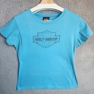Women's Harley Davidson Tee Shirt Rhinestone Short Sleeve Size L Blue San Diego